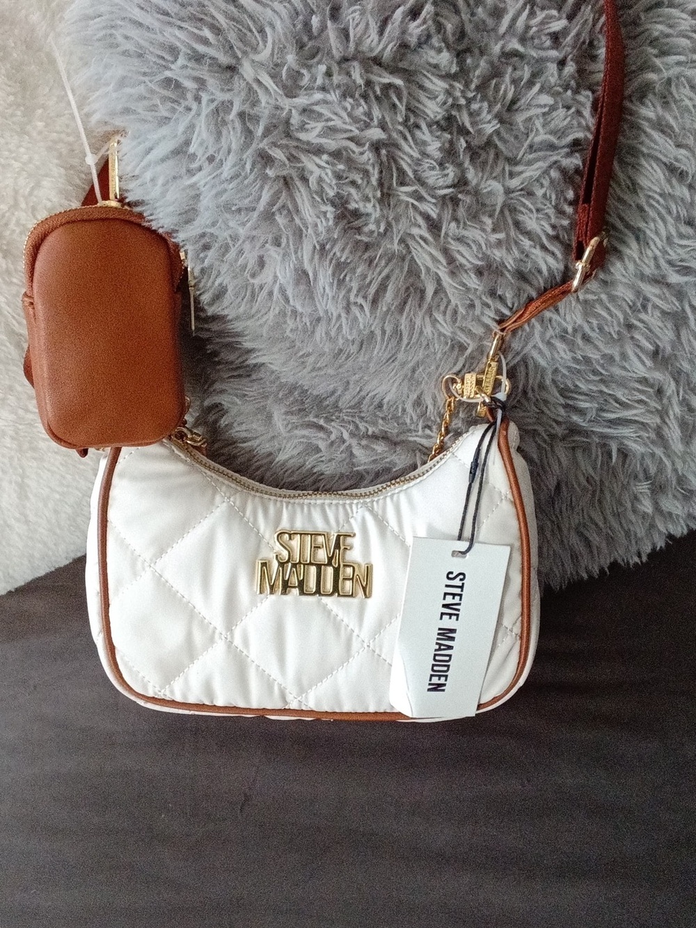 Steve Madden White Quilted Shoulder Bag with Brown Trim